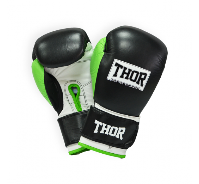Перчатки боксерские THOR TYPHOON 16oz /Кожа /черно-зелено-белые