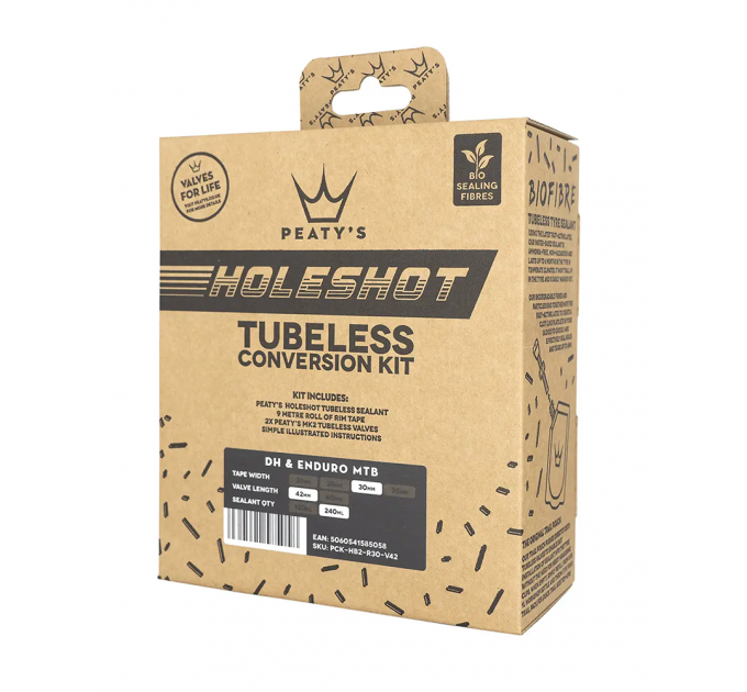 Набор для бескамерки Peaty's Holeshot Tubeless Conversion Kit, Enduro / DH, 30mm лента / 42mm ниппели / 240ml герметик