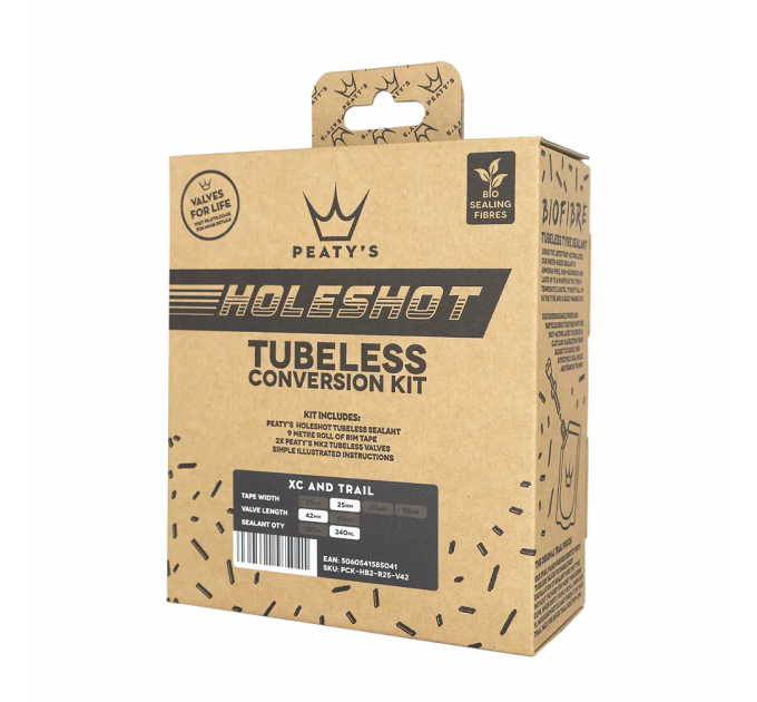 Набор для бескамерки Peaty's Holeshot Tubeless Conversion Kit, XC / Trail, 25mm лента / 42mm ниппели / 240ml герметик