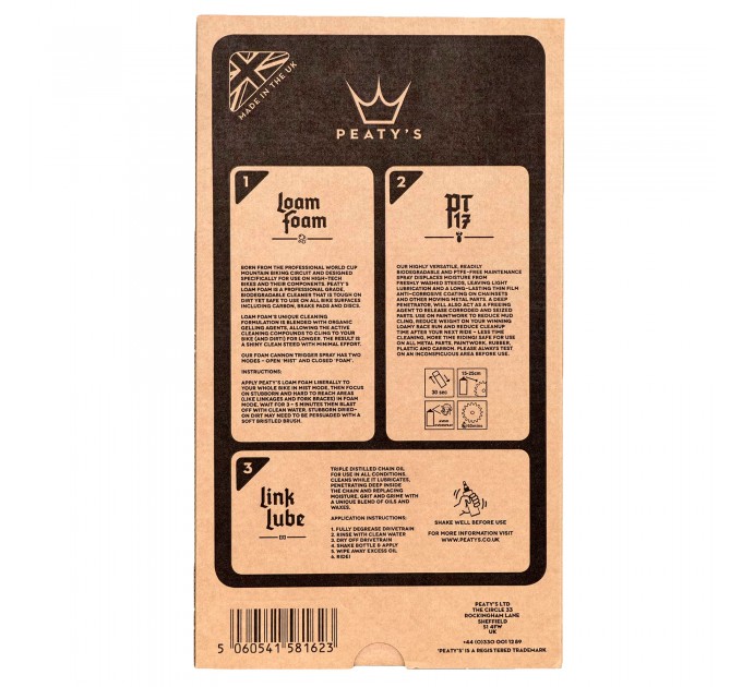 Набор для мойки Peaty's Cleaning Gift Pack, шампунь 1L / Спрей PT17 400ml / смазка цепи 120ml, All-Weather
